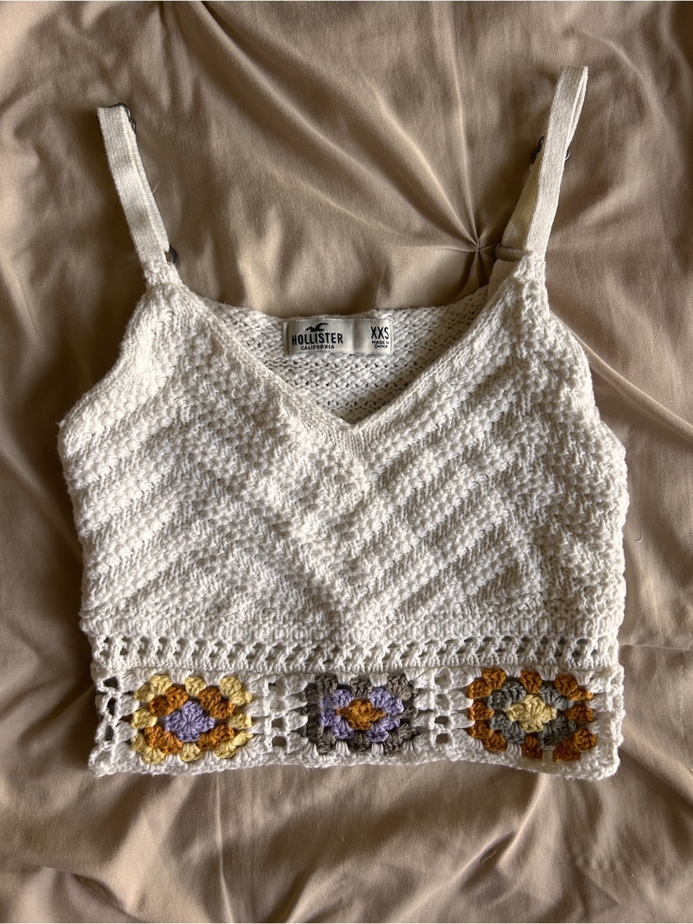 Hollister White Crochet Crop Top with Multicolor Floral Trim